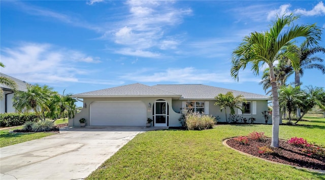 ranch-style home featuring stucco siding, driveway, a garage, and a front yard