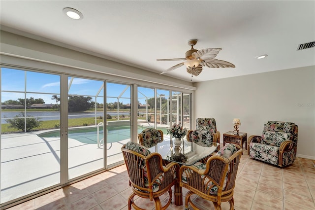 dining room featuring visible vents, baseboards, ceiling fan, light tile patterned floors, and recessed lighting