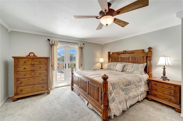 bedroom featuring ceiling fan, light carpet, ornamental molding, and access to outside