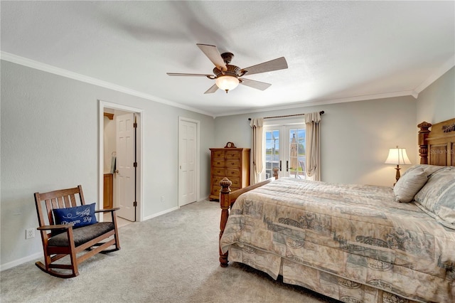 bedroom with access to exterior, ceiling fan, baseboards, ornamental molding, and light carpet