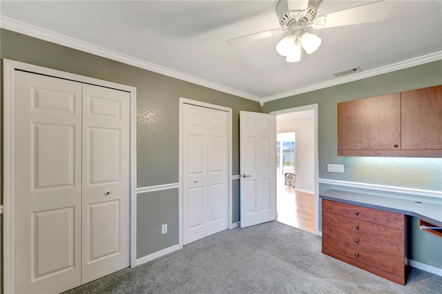 interior space featuring visible vents, carpet floors, multiple closets, crown molding, and a textured wall