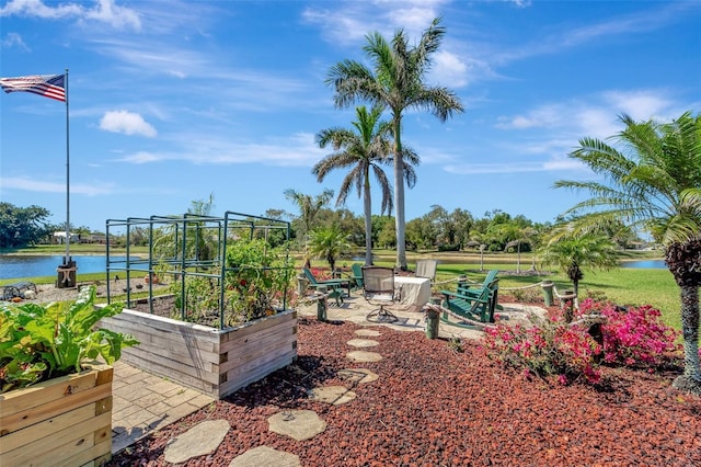 view of yard featuring a vegetable garden and a water view