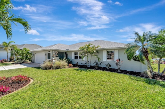 ranch-style home with a front yard, a garage, driveway, and stucco siding