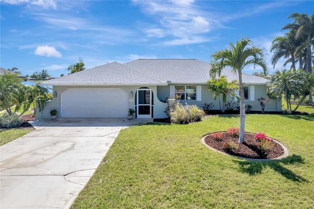 single story home featuring a front yard, roof with shingles, driveway, an attached garage, and stucco siding