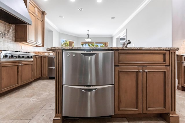 kitchen featuring tasteful backsplash, crown molding, range hood, stainless steel gas stovetop, and refrigerator