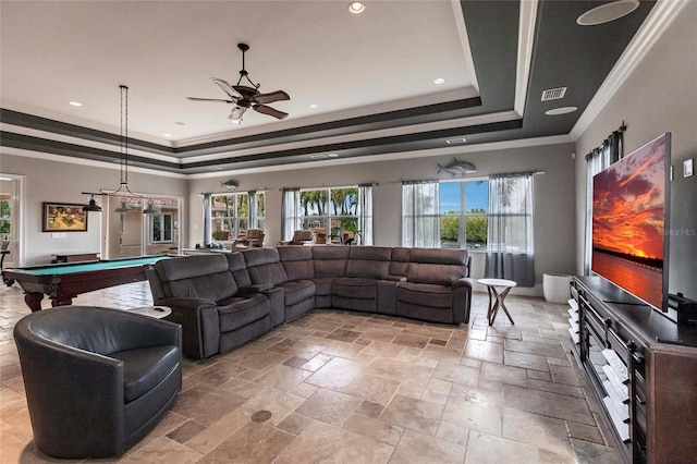 living area with visible vents, a raised ceiling, stone tile floors, and pool table