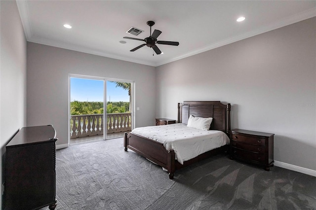 carpeted bedroom featuring visible vents, ornamental molding, access to outside, recessed lighting, and baseboards