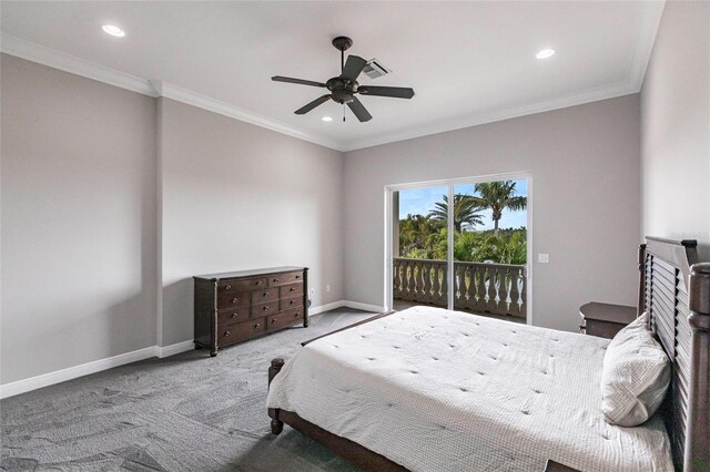 bedroom featuring access to exterior, baseboards, ornamental molding, carpet flooring, and recessed lighting