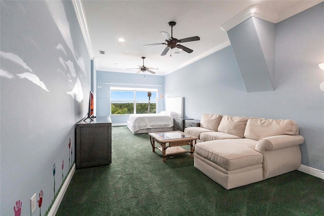 living area featuring baseboards, carpet floors, and crown molding