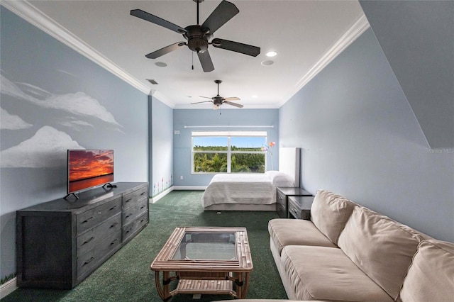 bedroom featuring visible vents, baseboards, ceiling fan, ornamental molding, and dark colored carpet