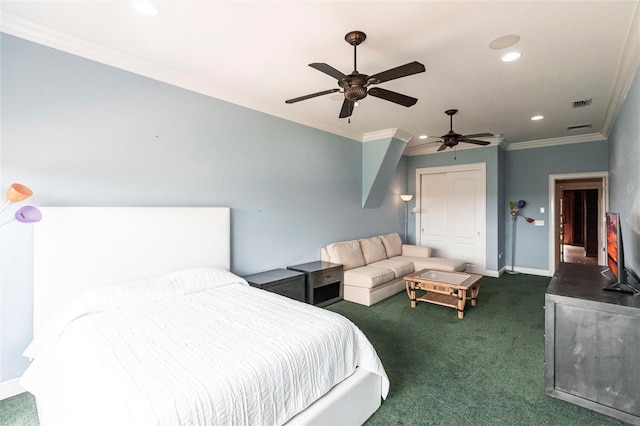 bedroom with crown molding, visible vents, and dark carpet