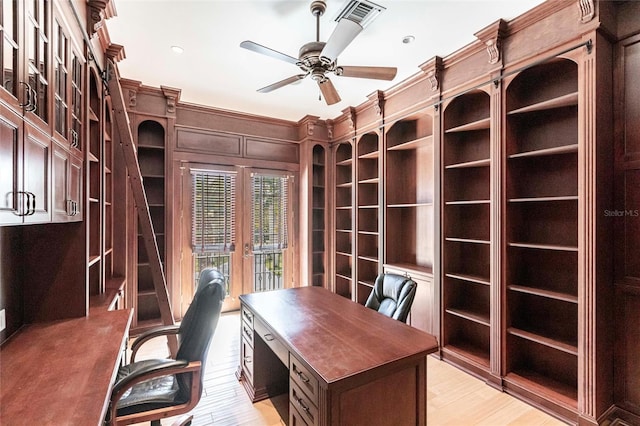 unfurnished office featuring light wood finished floors, visible vents, ceiling fan, recessed lighting, and french doors