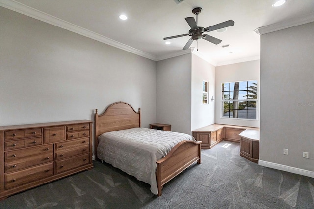 bedroom featuring visible vents, ornamental molding, recessed lighting, dark colored carpet, and baseboards