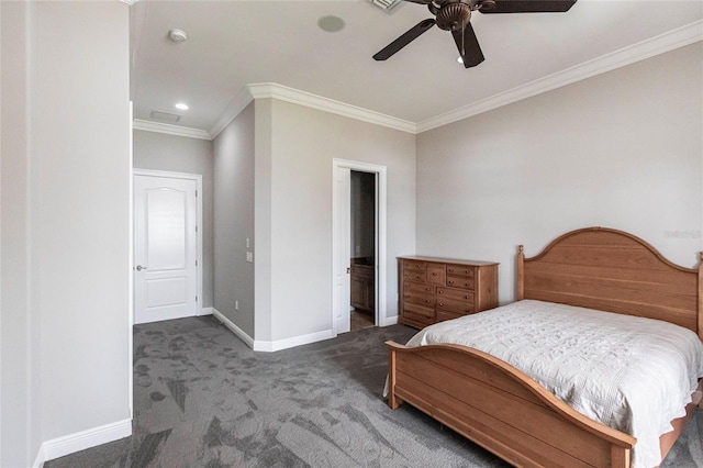 carpeted bedroom featuring ceiling fan, baseboards, and ornamental molding