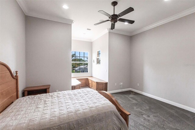 bedroom with visible vents, baseboards, recessed lighting, crown molding, and dark carpet