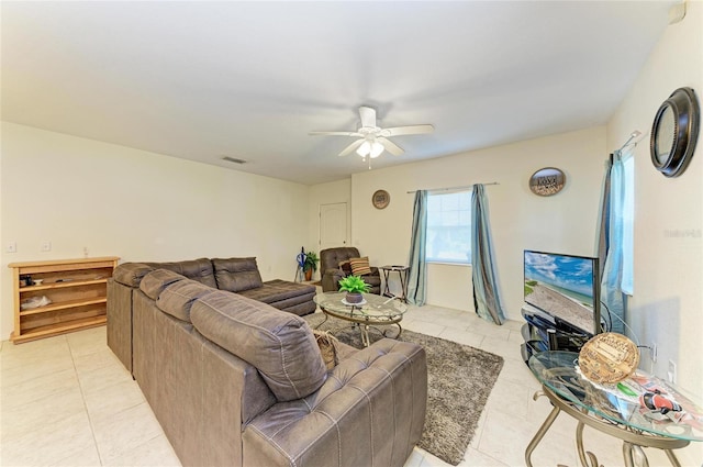 315 Southland Rd, Venice, FL 34293 - living area with light tile patterned floors, visible vents, and a ceiling fan