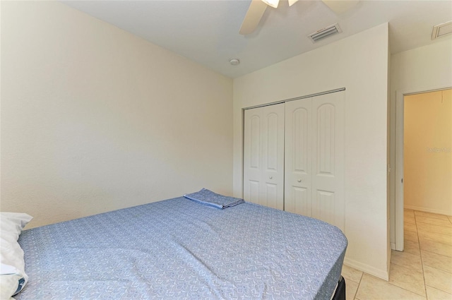 315 Southland Rd, Venice, FL 34293 - bedroom featuring light tile patterned floors, ceiling fan, a closet, and visible vents