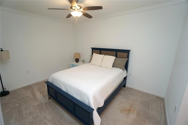 bedroom featuring light carpet, crown molding, baseboards, and ceiling fan