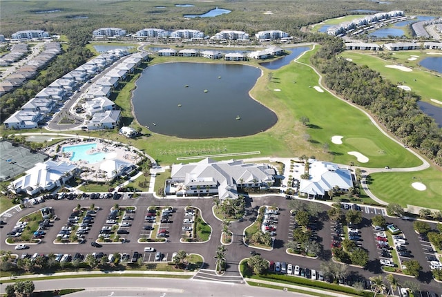 bird's eye view with golf course view and a water view