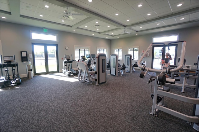 exercise room with a towering ceiling, plenty of natural light, and french doors