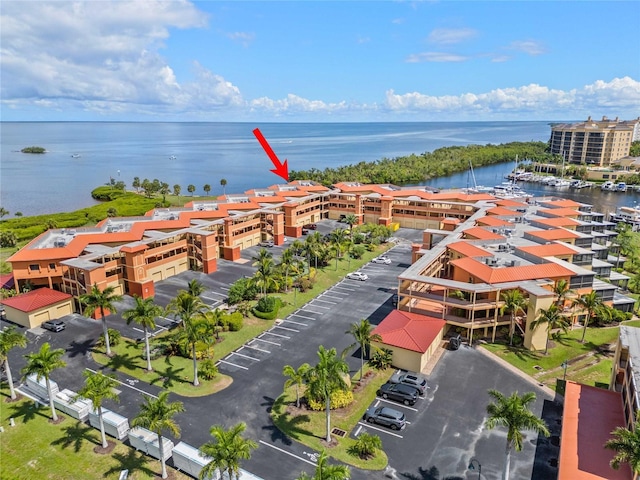 drone / aerial view featuring a water view