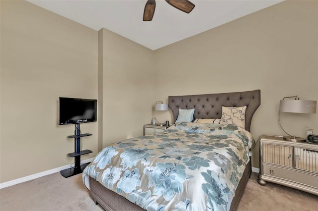 bedroom featuring carpet floors, ceiling fan, and baseboards