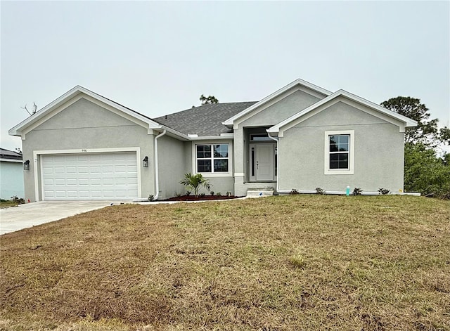 9590 Little Rock St, Port Charlotte, FL 33981 - ranch-style house featuring a garage, stucco siding, a front lawn, and driveway