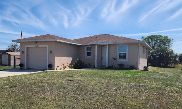 view of front of property featuring roof with shingles, stucco siding, concrete driveway, a front yard, and a garage