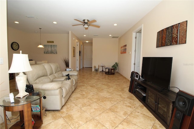 living area with recessed lighting, visible vents, ceiling fan, and light tile patterned floors