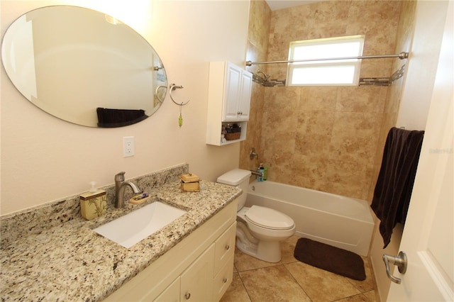 full bath with washtub / shower combination, vanity, toilet, and tile patterned floors