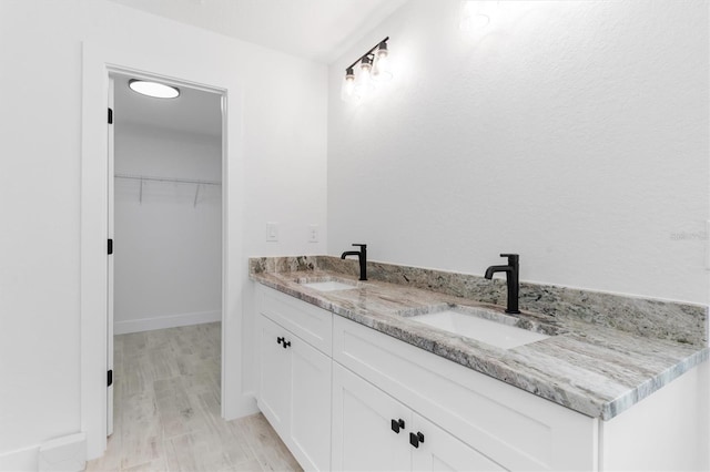 bathroom with wood finished floors, a sink, a spacious closet, and double vanity