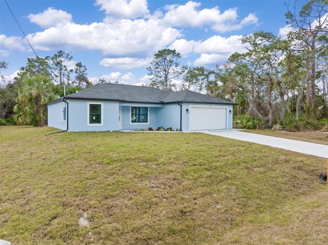 single story home featuring concrete driveway, a front lawn, an attached garage, and stucco siding