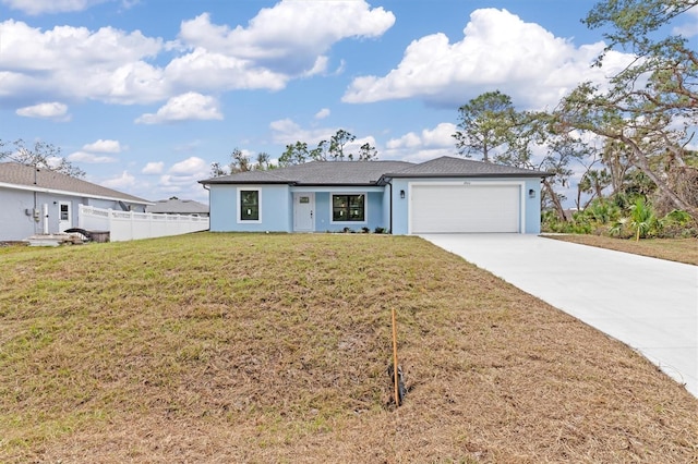 ranch-style home with stucco siding, an attached garage, fence, driveway, and a front lawn