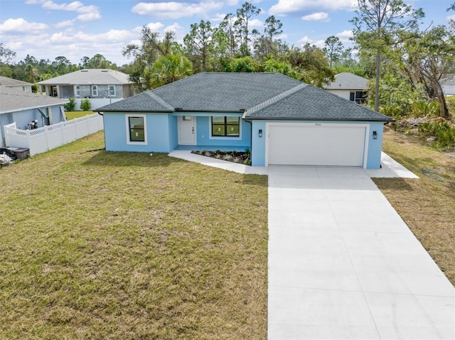 view of front of property featuring a garage, a front yard, concrete driveway, and fence