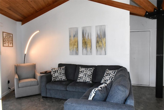 living room featuring lofted ceiling, wood ceiling, and dark carpet