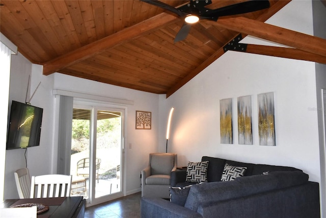 living room featuring vaulted ceiling with beams, wooden ceiling, and ceiling fan