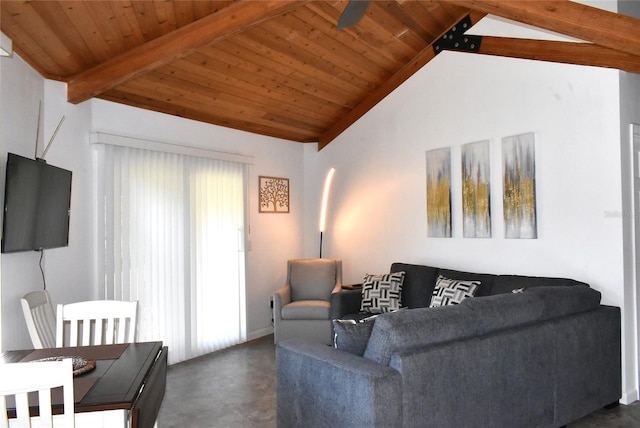 living area with finished concrete flooring, lofted ceiling with beams, and wood ceiling