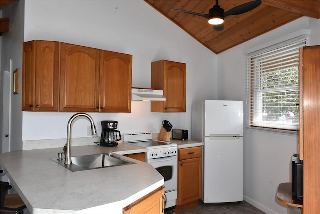 kitchen with white appliances, a peninsula, light countertops, under cabinet range hood, and a sink