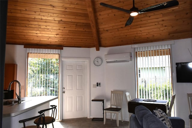 living area featuring vaulted ceiling with beams, wood ceiling, a wall mounted air conditioner, and a ceiling fan