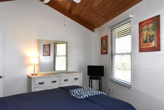 bedroom with lofted ceiling and wood ceiling