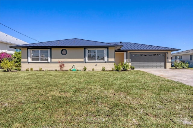 ranch-style house with a garage, driveway, brick siding, and a standing seam roof