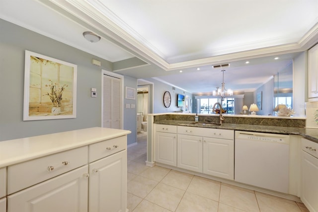 kitchen featuring a sink, white cabinets, dishwasher, dark countertops, and crown molding