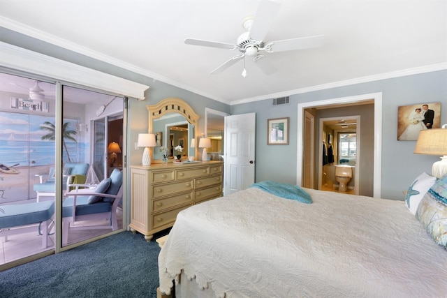 bedroom with carpet floors, ceiling fan, visible vents, and crown molding