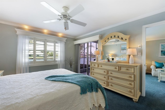 bedroom with dark colored carpet, ornamental molding, and a ceiling fan