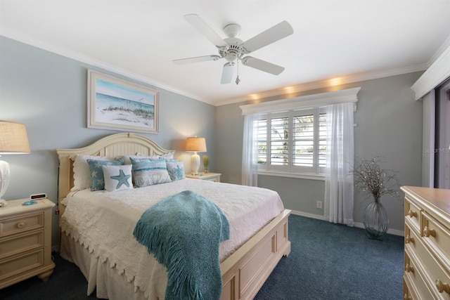 bedroom featuring ornamental molding, dark carpet, baseboards, and a ceiling fan