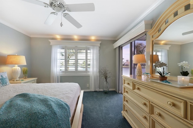 bedroom with arched walkways, a ceiling fan, baseboards, ornamental molding, and dark carpet