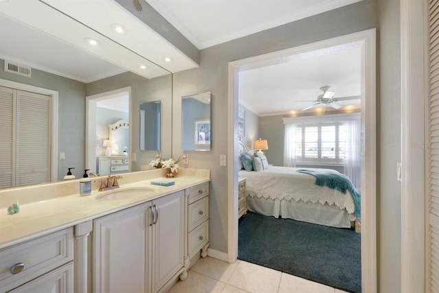 full bathroom featuring ensuite bathroom, ornamental molding, a closet, and visible vents