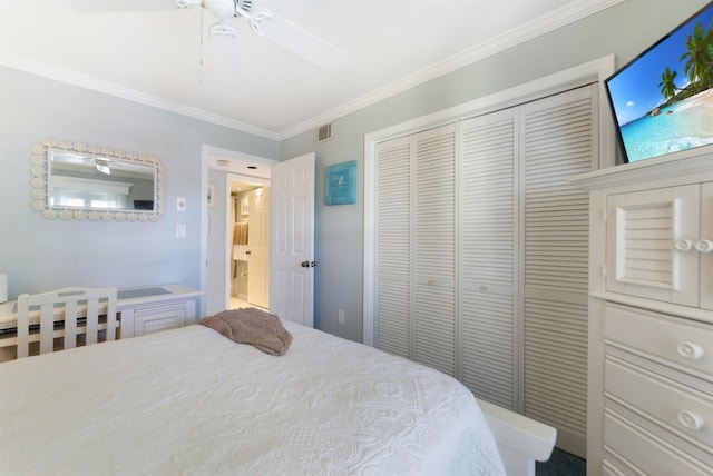 bedroom featuring a ceiling fan, a closet, visible vents, and crown molding