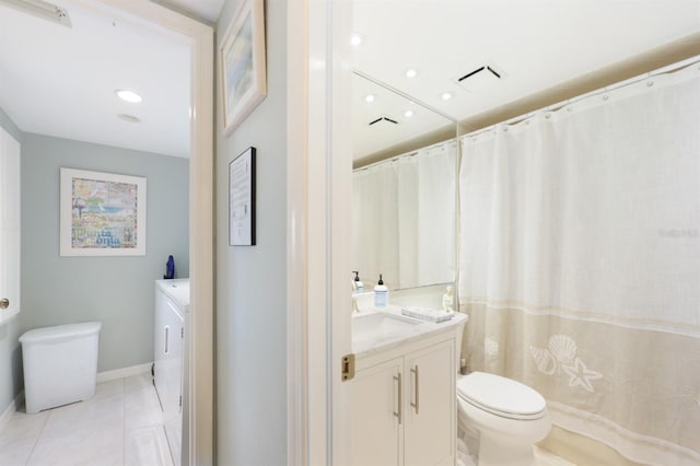 full bathroom with tile patterned flooring, toilet, visible vents, vanity, and baseboards