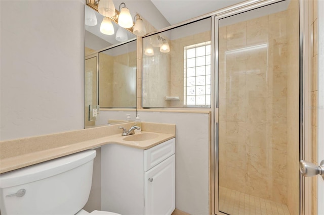 full bath featuring toilet, a shower stall, and vanity